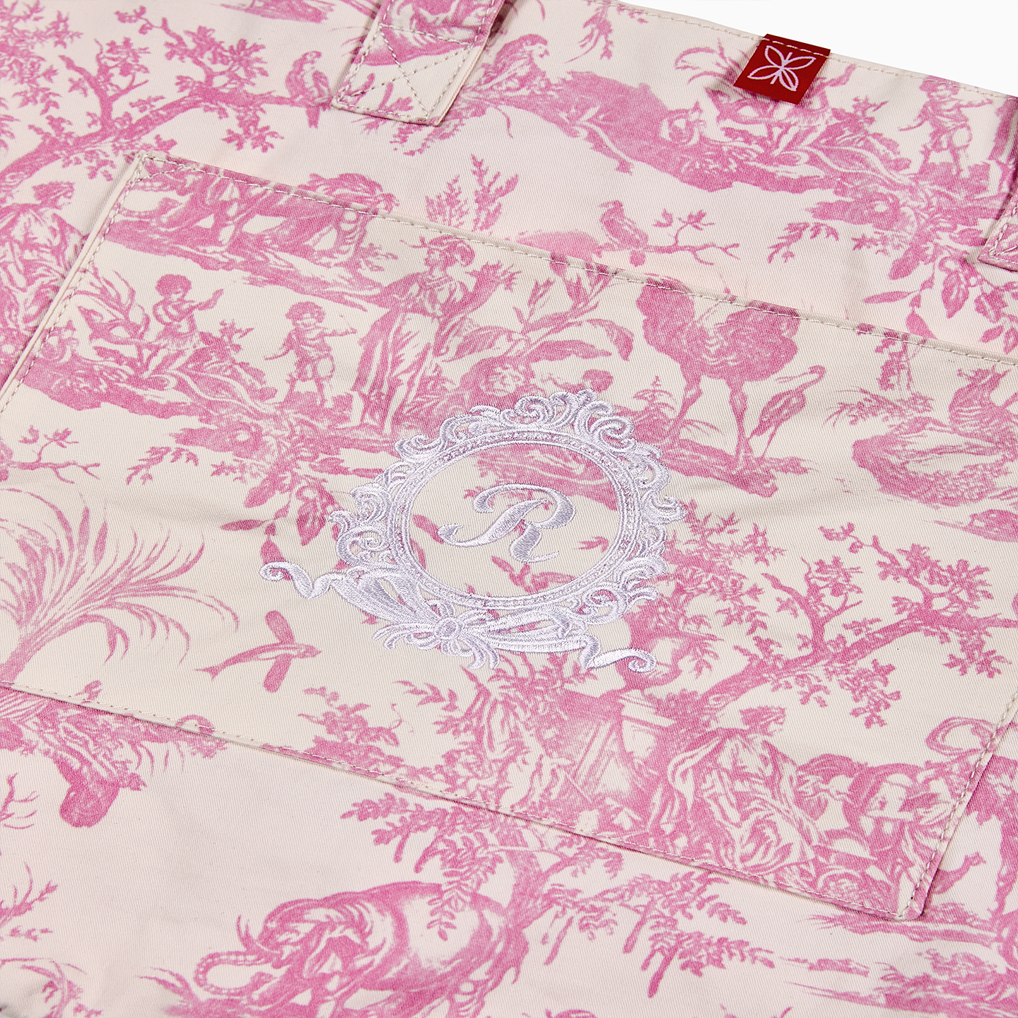 Durable 190gsm cotton tote bag in PINK Toile de Jouy, combining modern utility with French heritage.