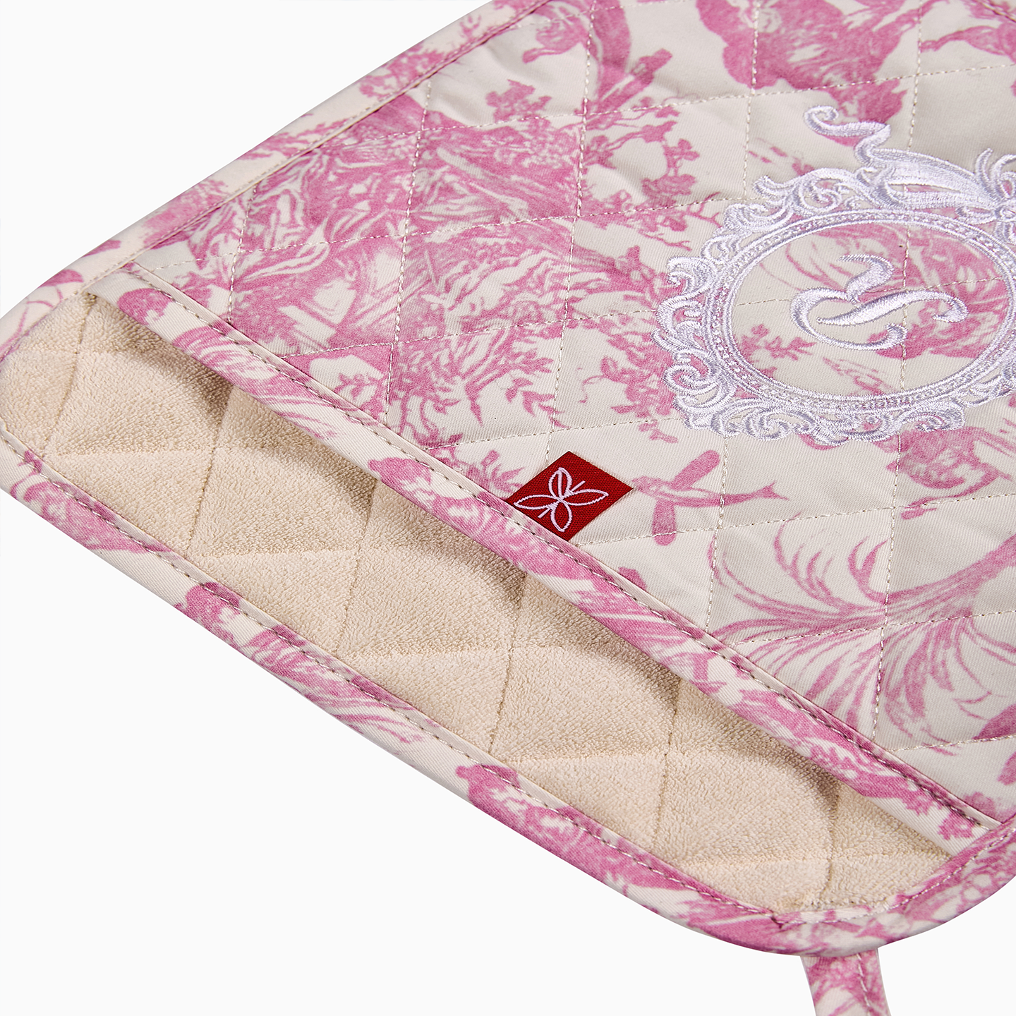A set of two pink Toile de Jouy pot holders highlighting the 9" x 9" square silhouette.