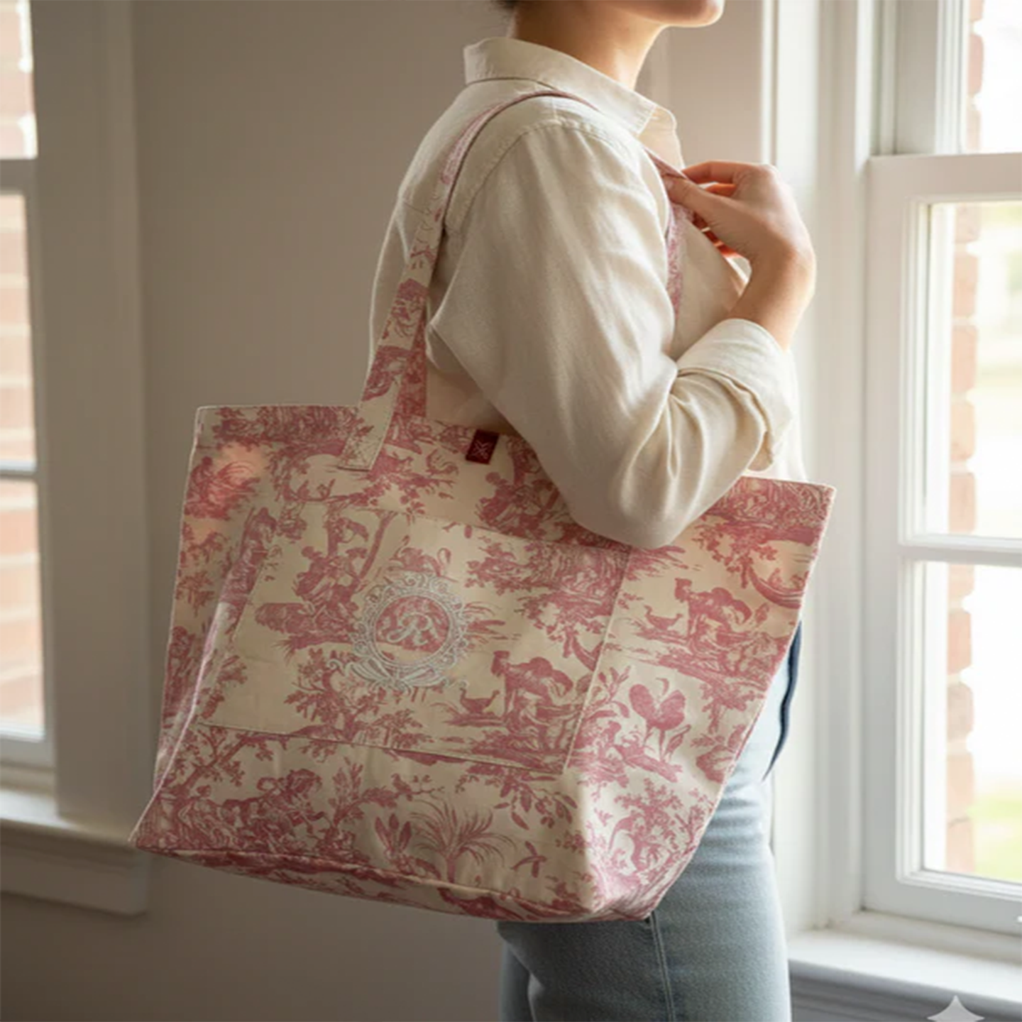 A woman wearing a neutral outfit carrying the pink Toile de Jouy tote bag over her shoulder near a window.