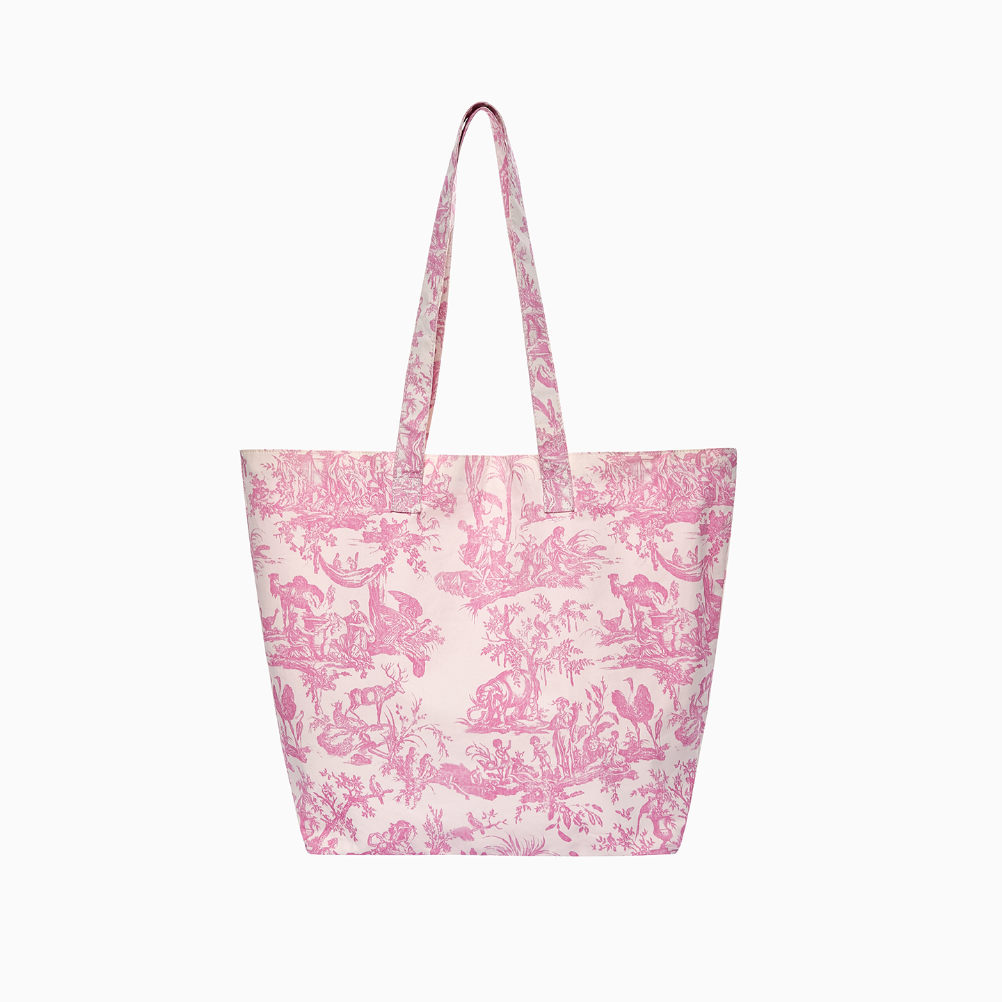An 18" x 14" cotton tote bag in pink Toile de Jouy, ideal for daily essentials and accessories.