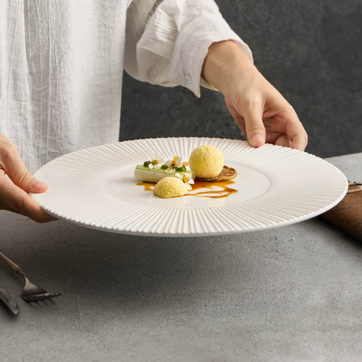 Architectural 30.5cm white charger plate with gear-line rim.