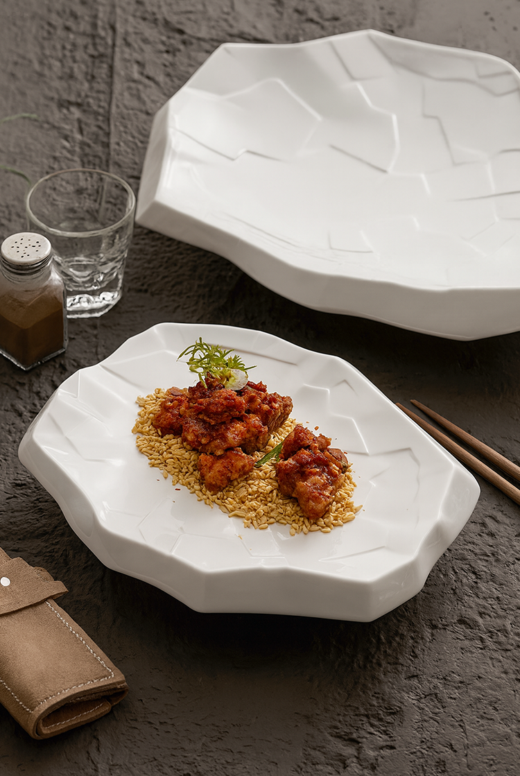 Art-inspired porcelain serving platter for fine dining.