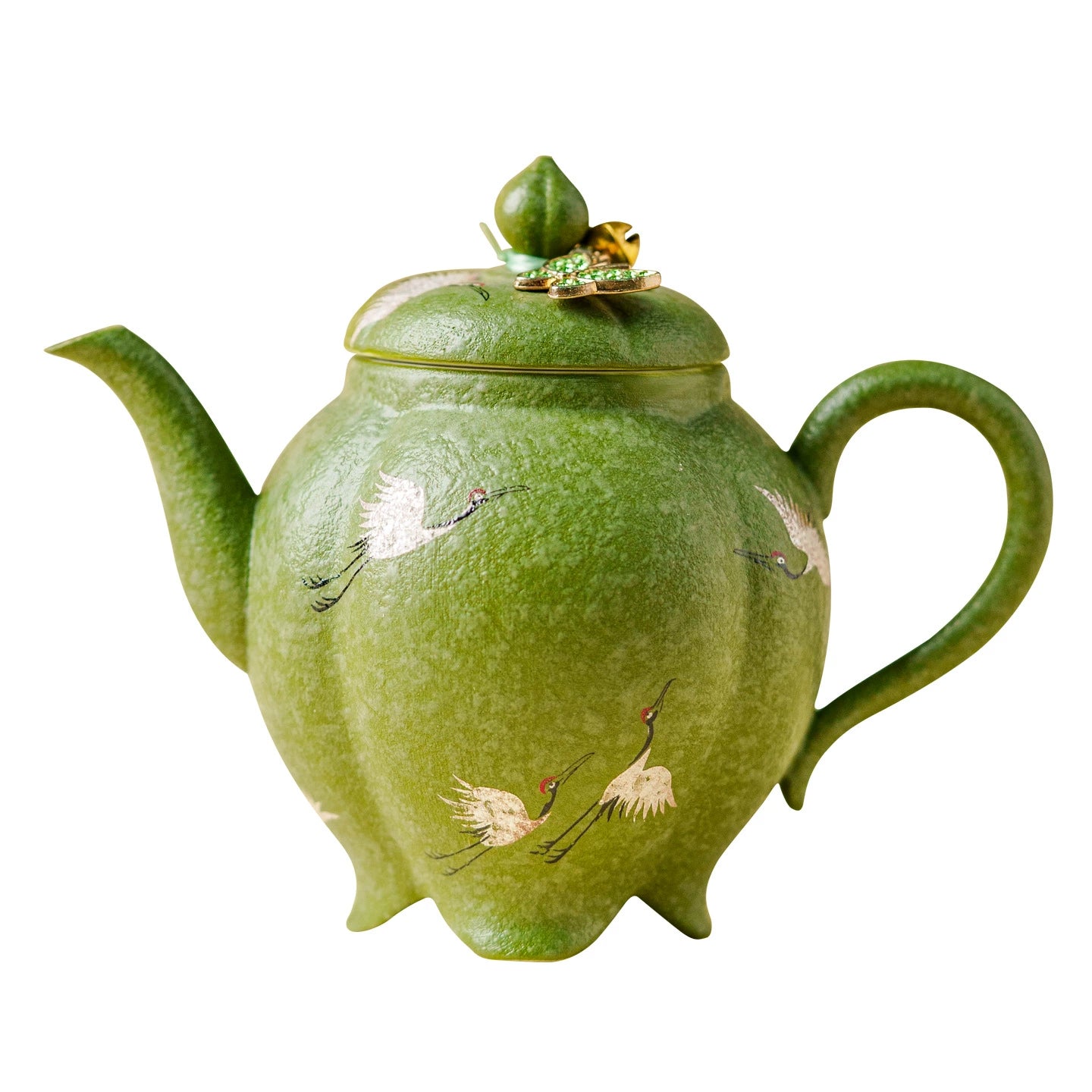 Artisan Green Glazed Teapot with Symbolic Crane Pattern