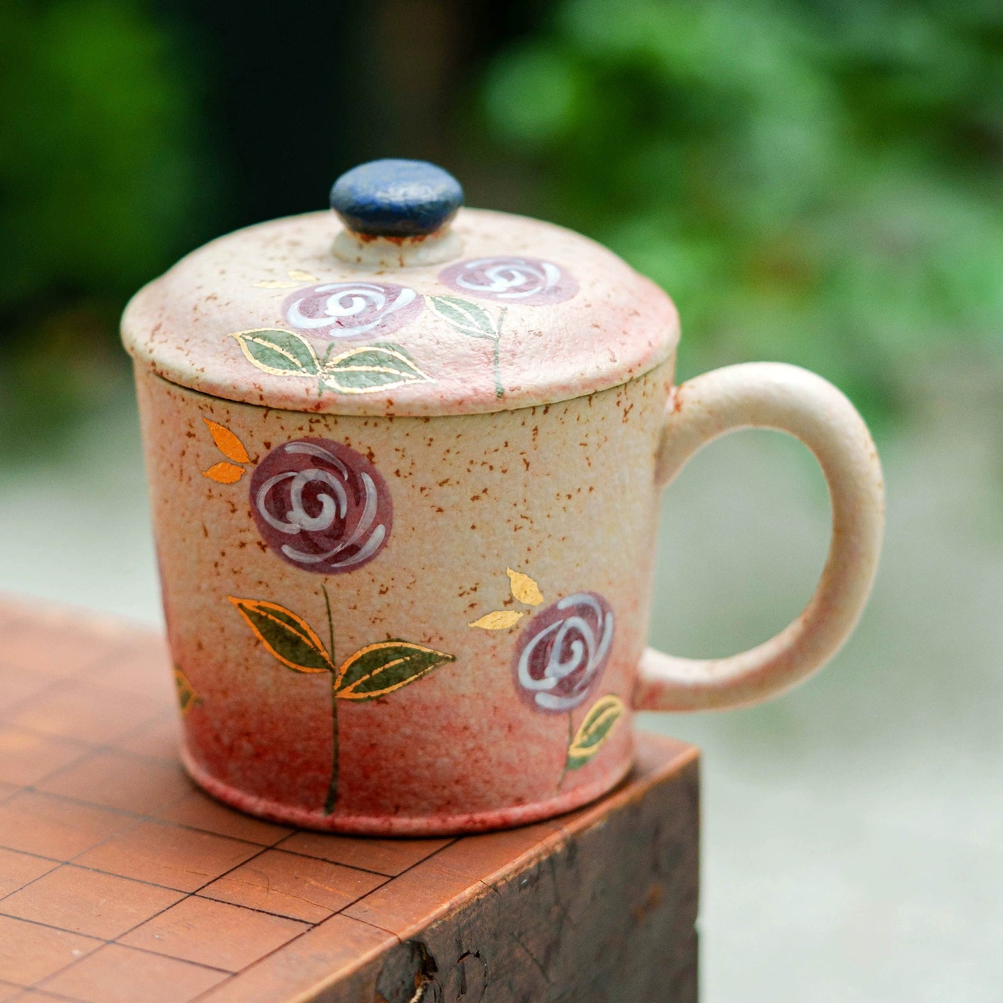 Artisan ceramic mug set with wooden saucer and porcelain spoon