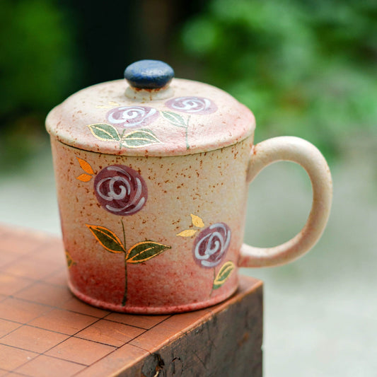 Artisan ceramic mug set with wooden saucer and porcelain spoon