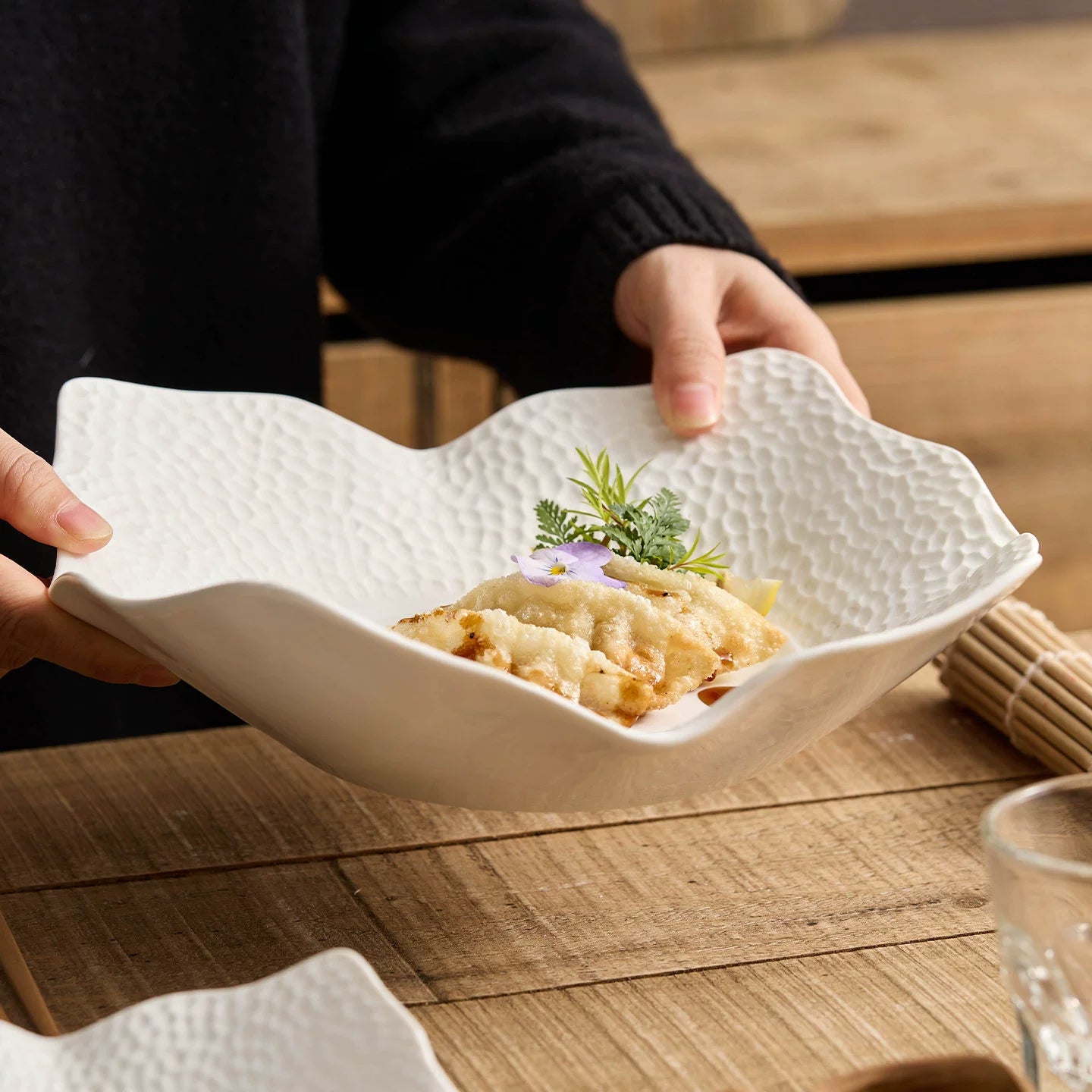 Artisanal 6-inch textured square bowl for appetizers and small plates.