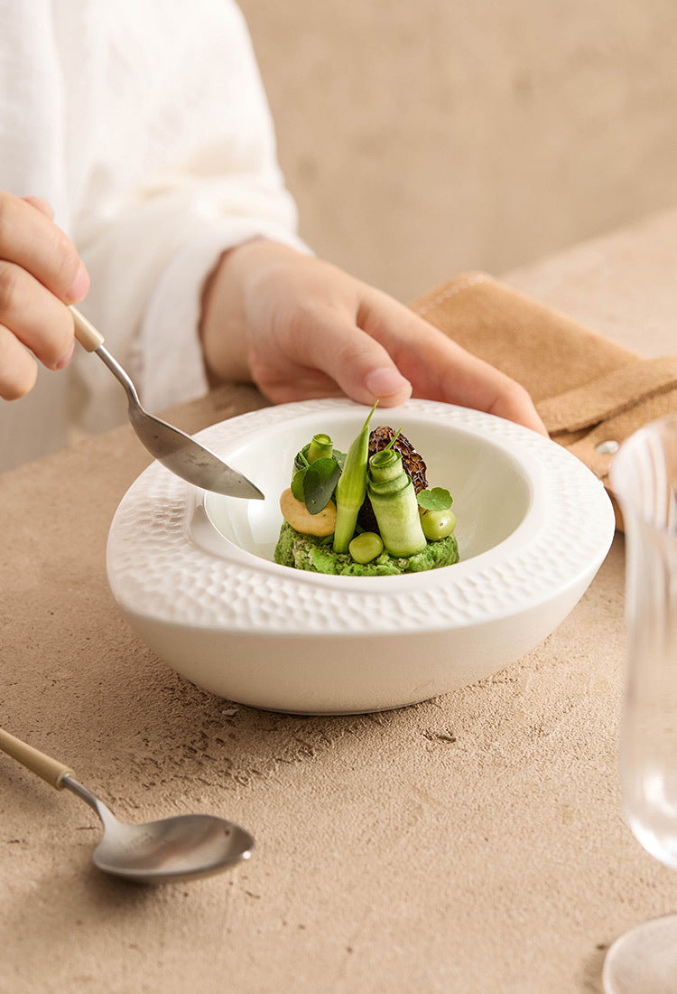 Artistic ceramic oval plate bowl with hammered surface