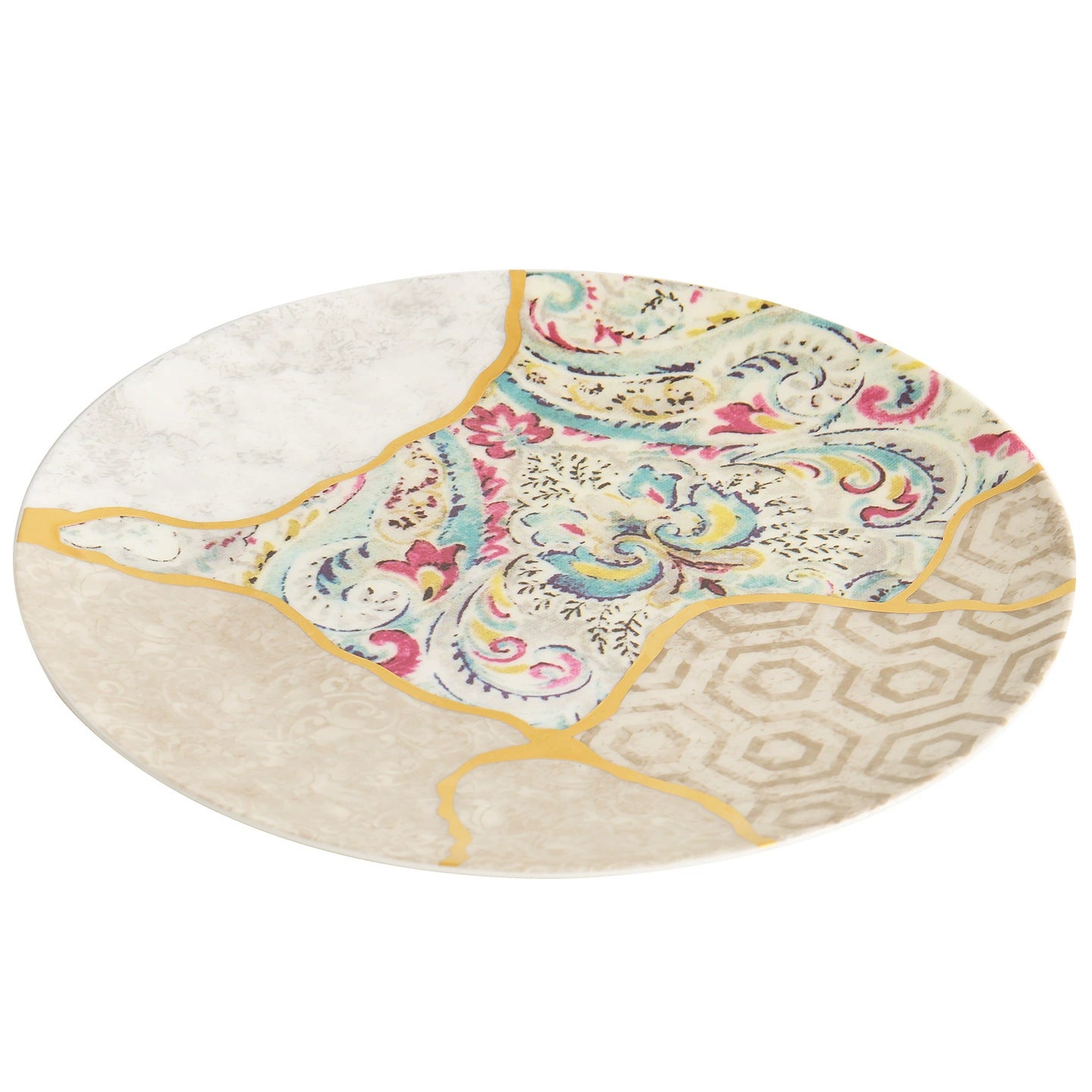 Artistic dining plate featuring gold-thread patchwork design