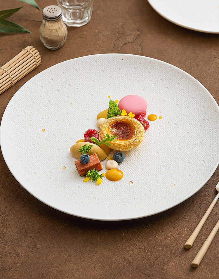 Artistic food plating on white textured dinnerware