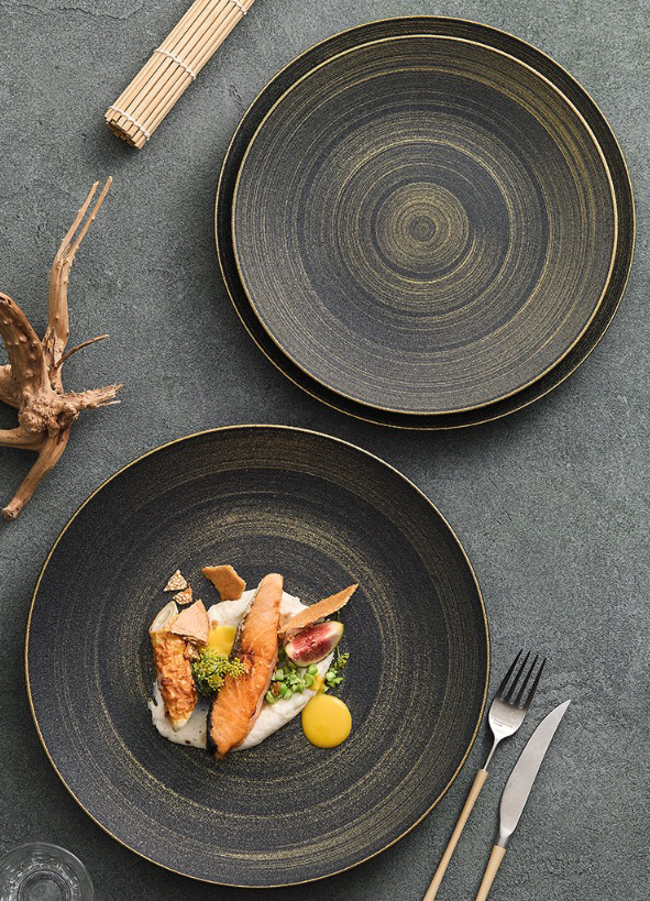 Artistic luxury plate with metallic glaze and smooth rim