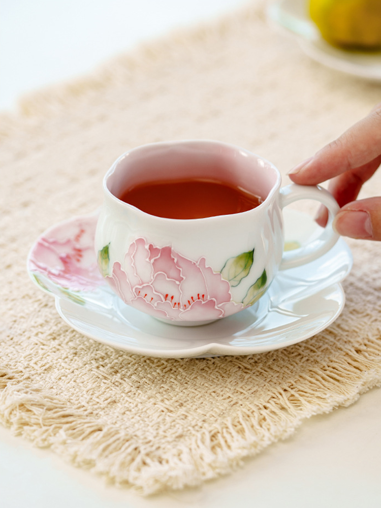 Artistic pink peony tea cup and matching saucer
