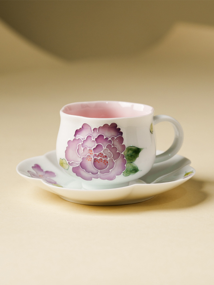 Artistic purple peony tea cup with petal-shaped saucer
