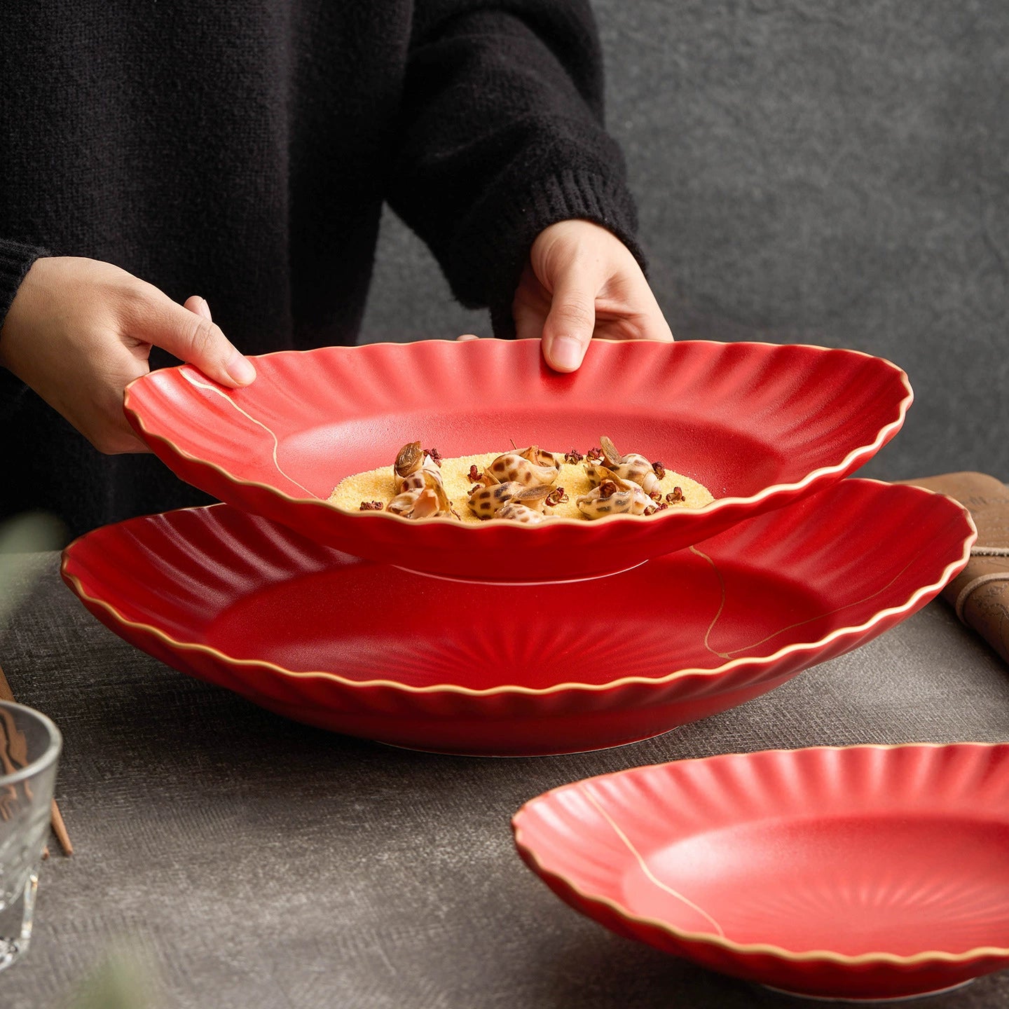 Asian-style red dinner plate with gold line