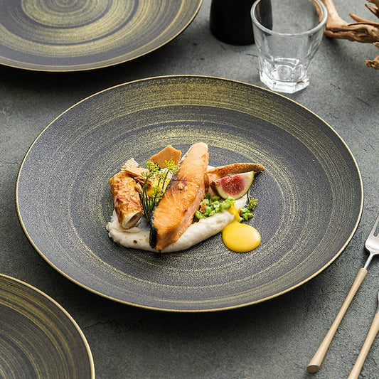 Luxury black and gold ceramic dinner plate set in four sizes
