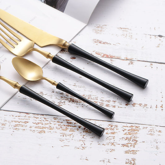 Black and gold stainless steel cutlery set with mirror finish

