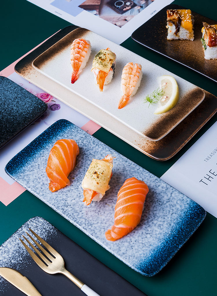 Blue glazed rectangular sushi plate inspired by ocean tones