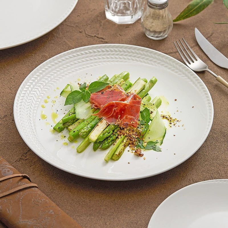 Braided rim white ceramic plate with embossed textured edge
