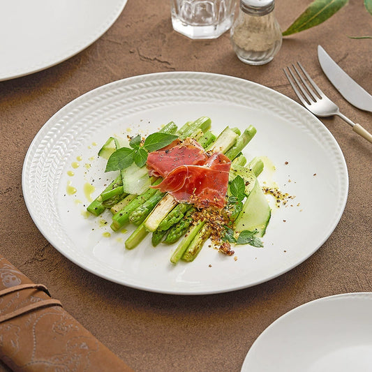 Braided rim white ceramic plate with embossed textured edge