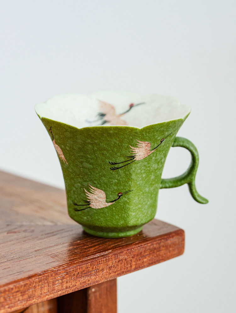 Celadon porcelain teacup with silver crane design — premium tea gift box set