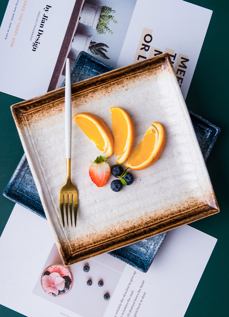 Ceramic square presentation plate for modern culinary composition