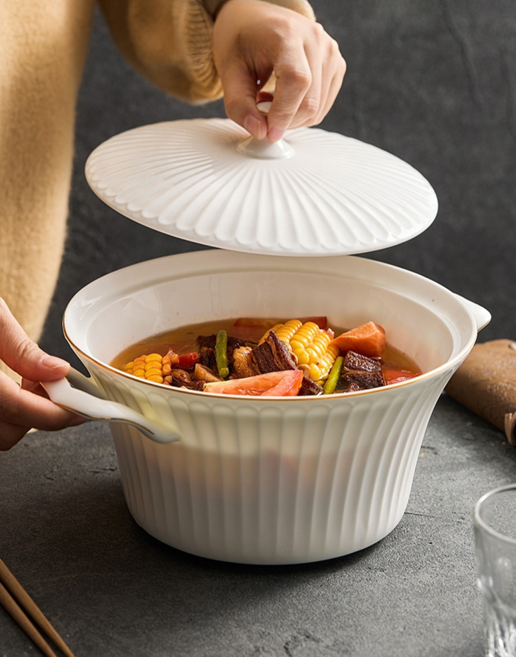 Classic white ceramic soup bowl with lid