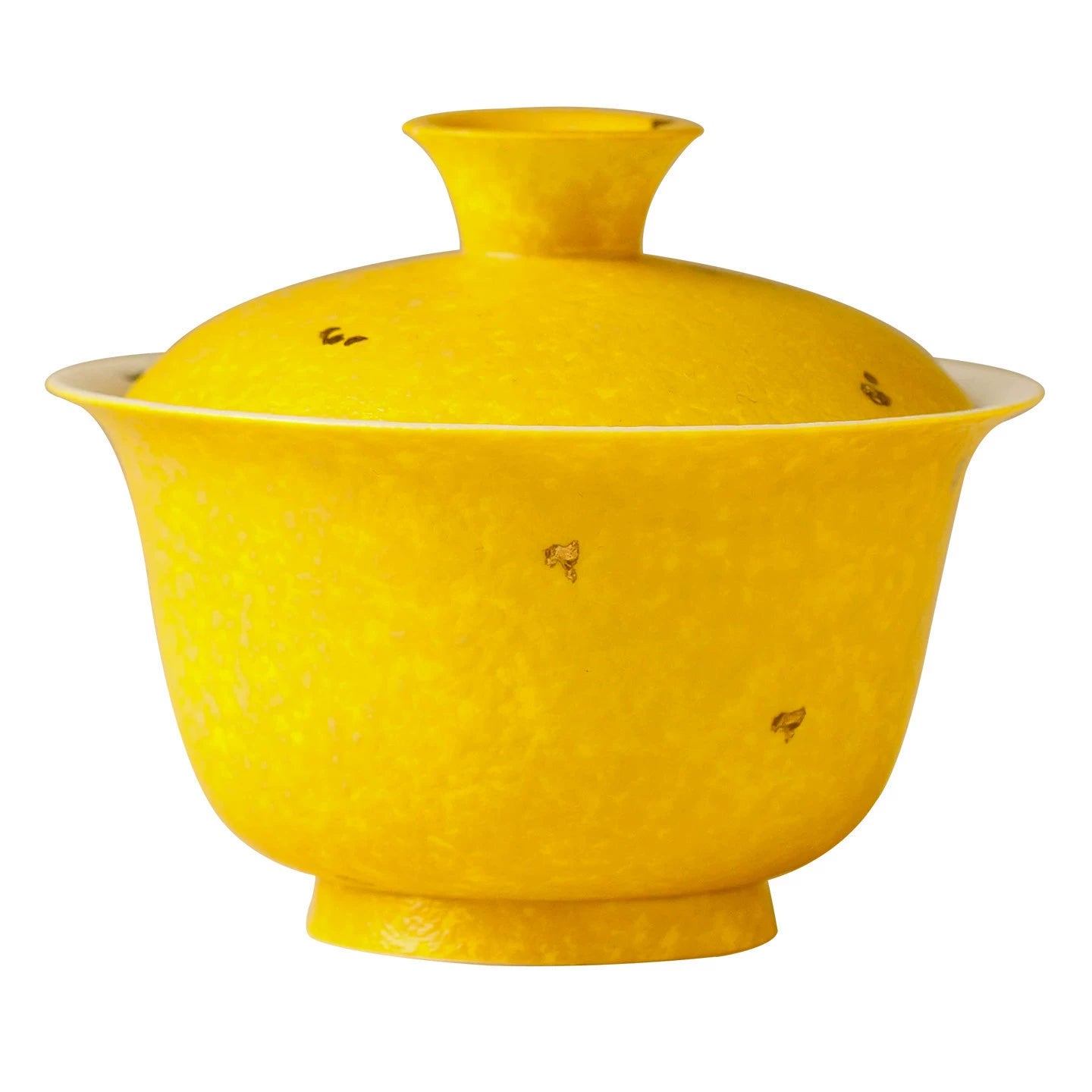 Close-up of the sun-yellow textured exterior glaze on a high-fired porcelain gaiwan.