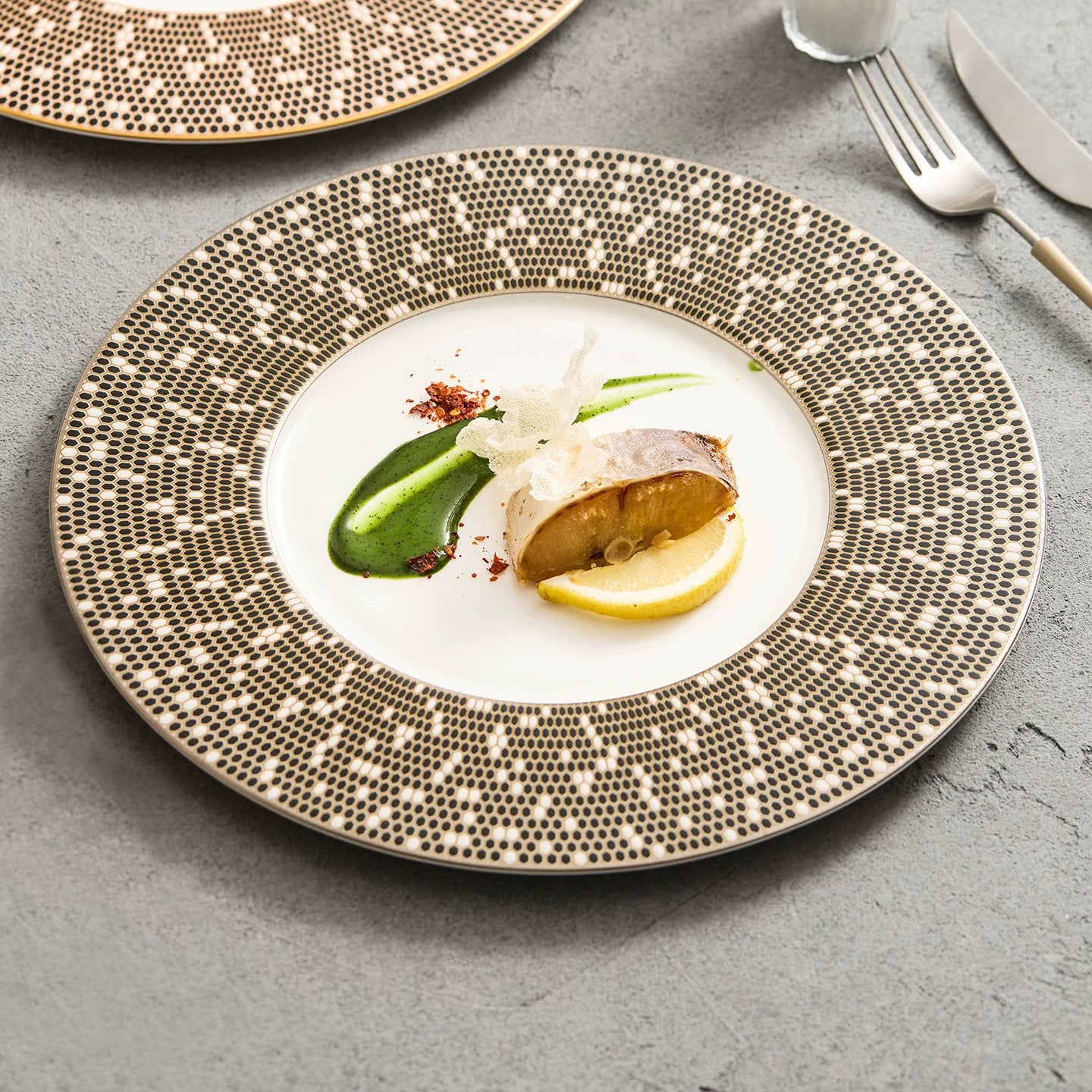 Coffee brown and caramel brown dotted rim porcelain dinner plate with fine dining style