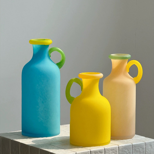 Colorful frosted glass vase with handle in modern style
