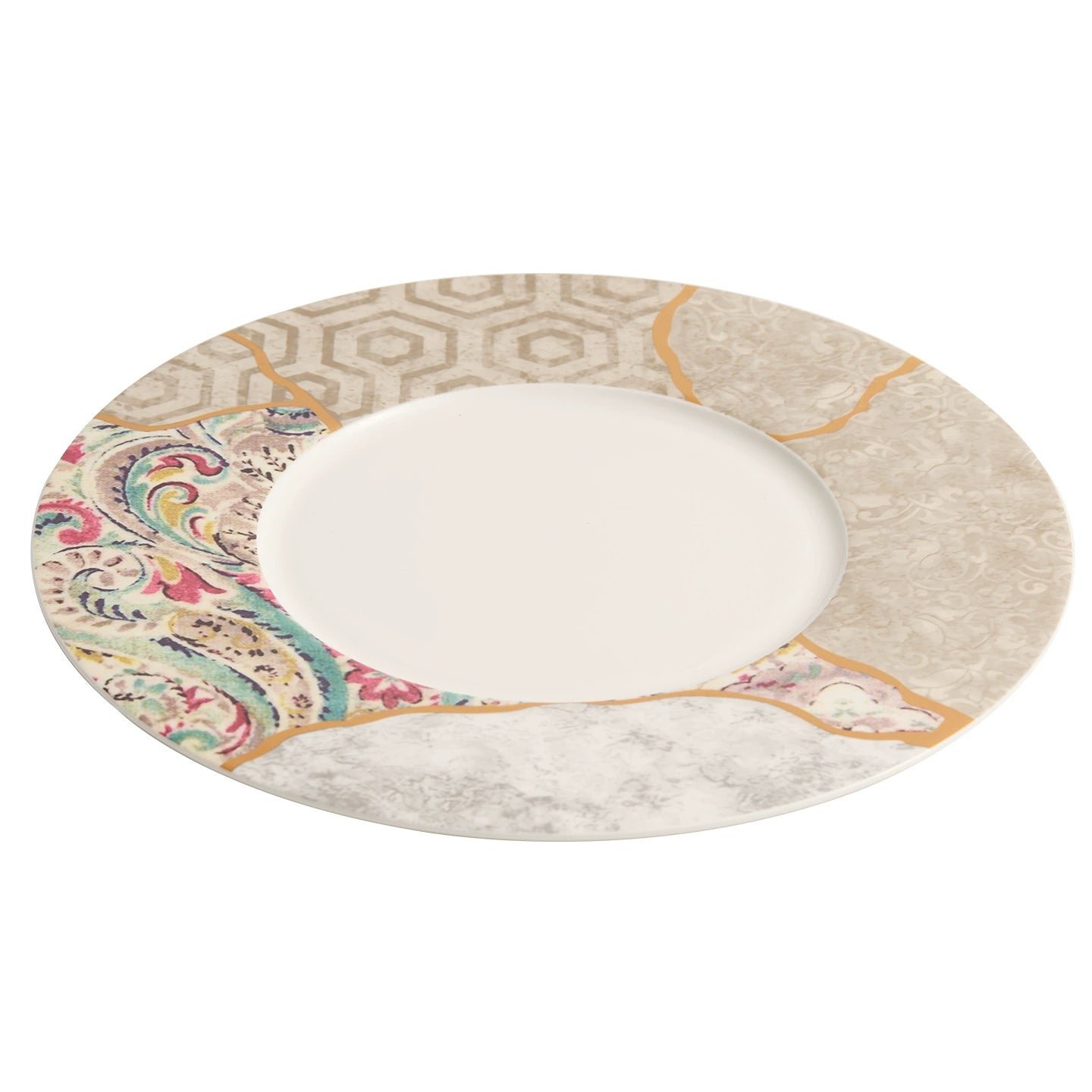 Colorful patchwork ceramic plate with marble and silk motifs