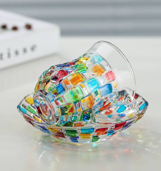 Colorful vintage coffee glass cup reflecting natural light

