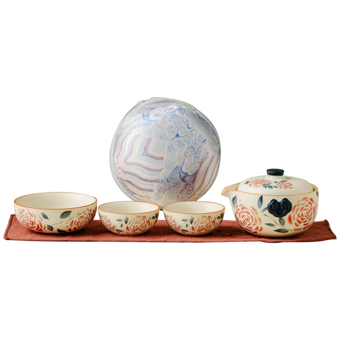 Compact teapot and cups with rose pattern