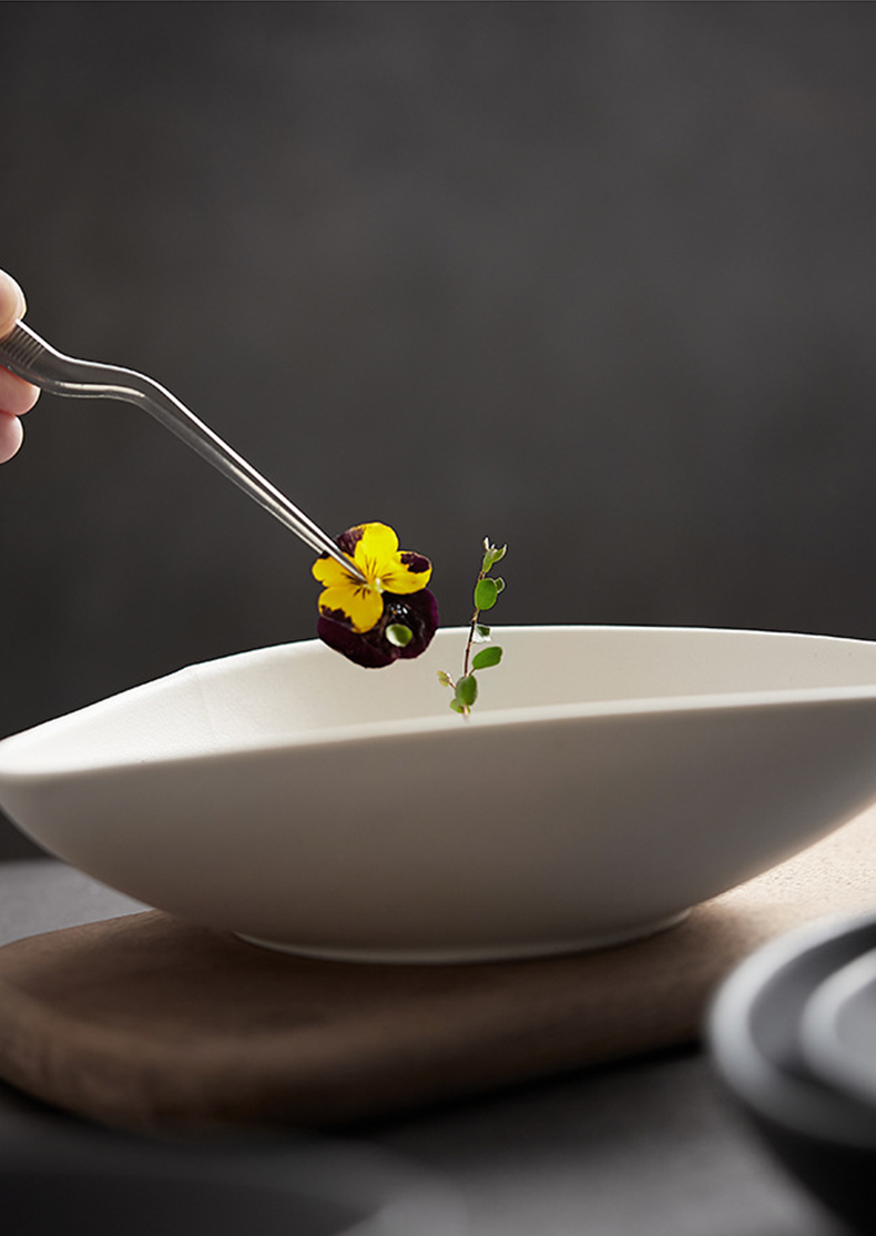 Contemporary asymmetrical ceramic plate for food presentation
