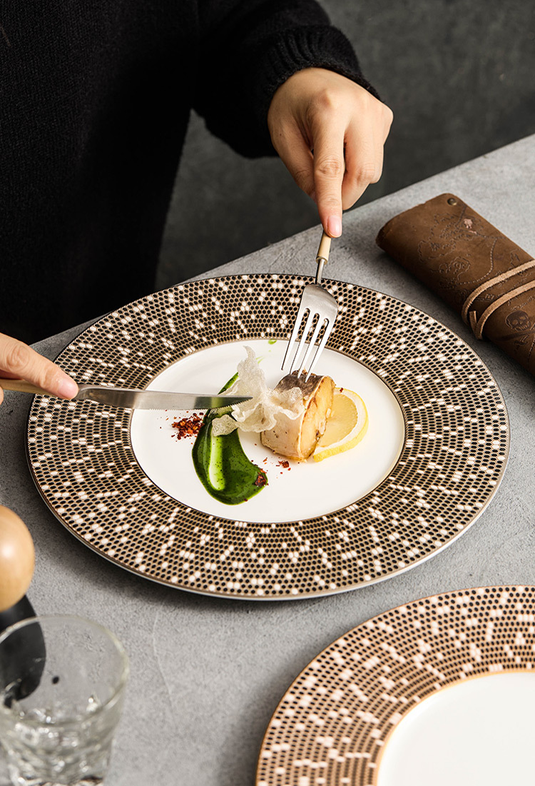 Contemporary ceramic plate with coffee brown caramel brown artistic pattern