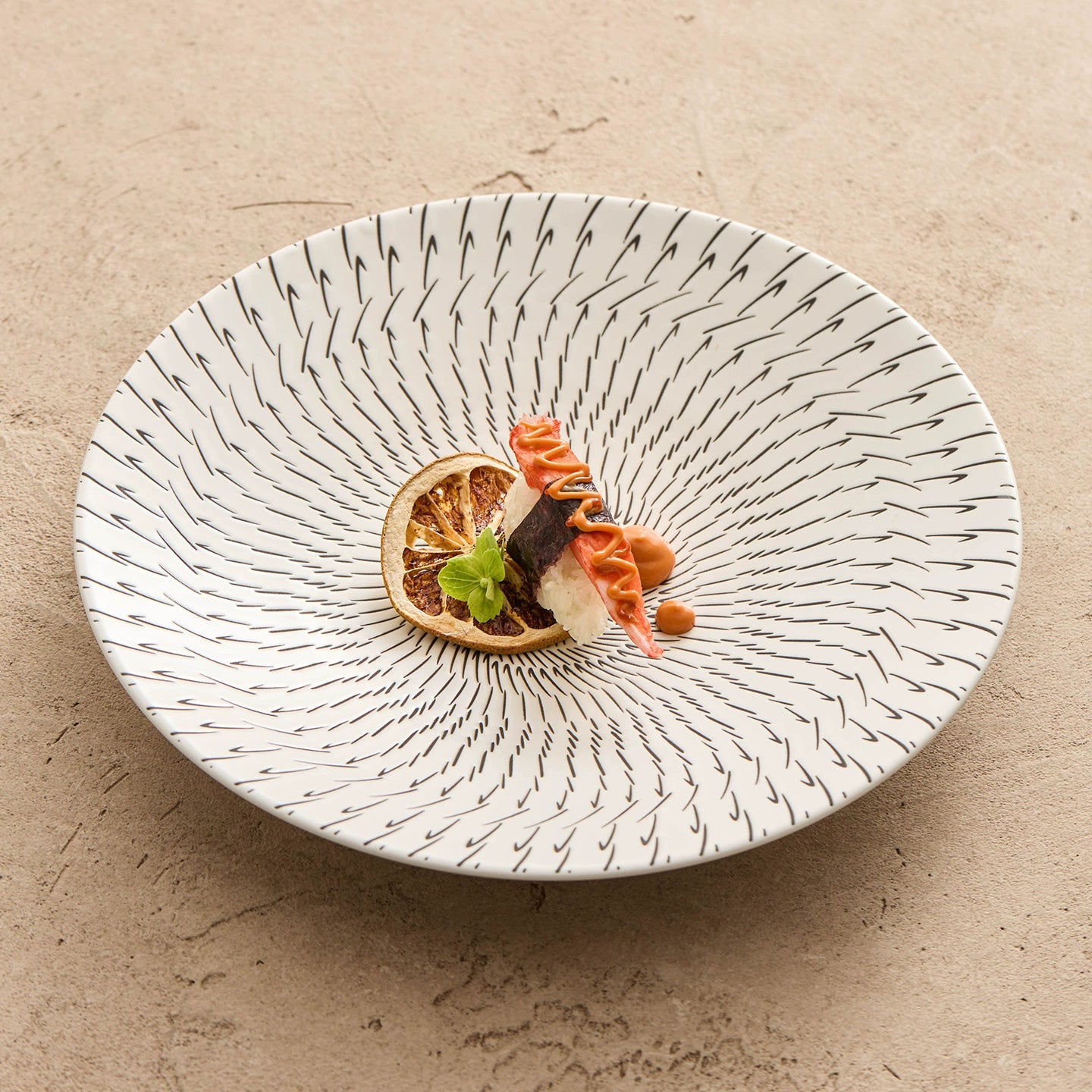 Contemporary porcelain dinner plate with matte finish and radial motif