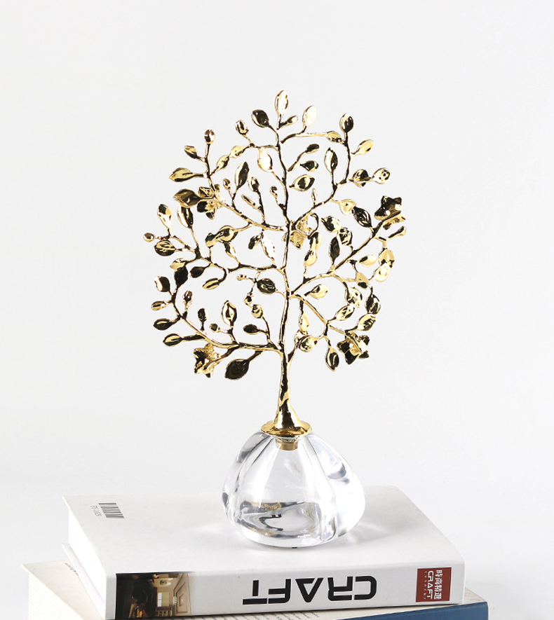 Crystal glass base decorative tree with golden leaves
