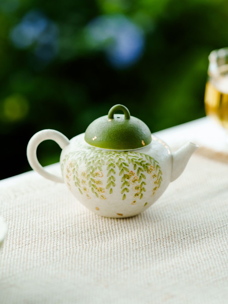 Decorative green leaf ceramic teapot handmade