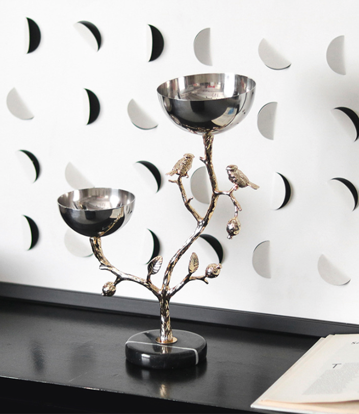 Decorative serving stand with golden tree and marble base