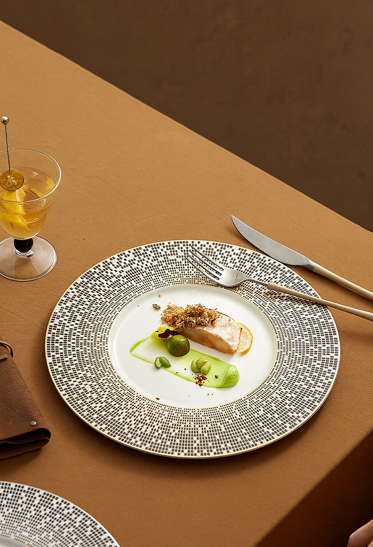 Designer ceramic dinner plate with glossy metallic finish