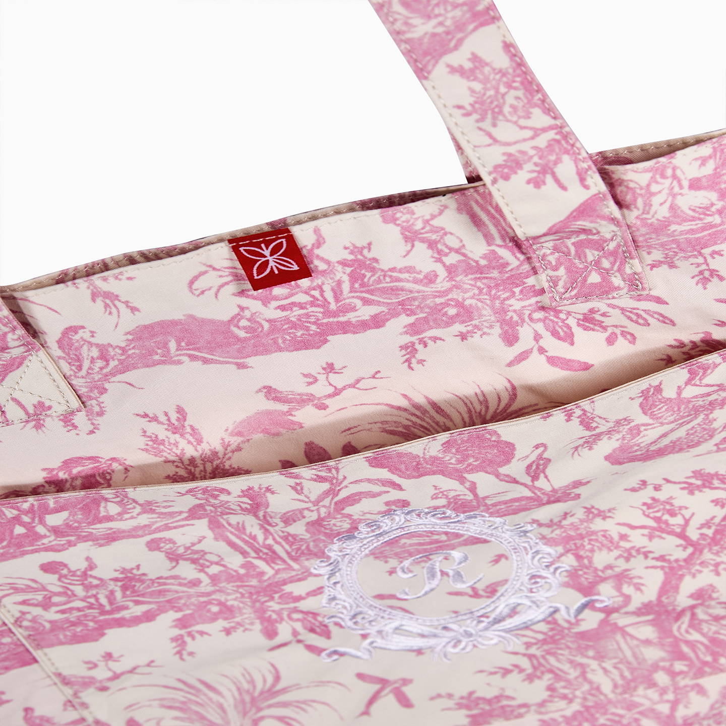 Durable 190gsm cotton tote bag in Pink Toile de Jouy, combining modern utility with French heritage.