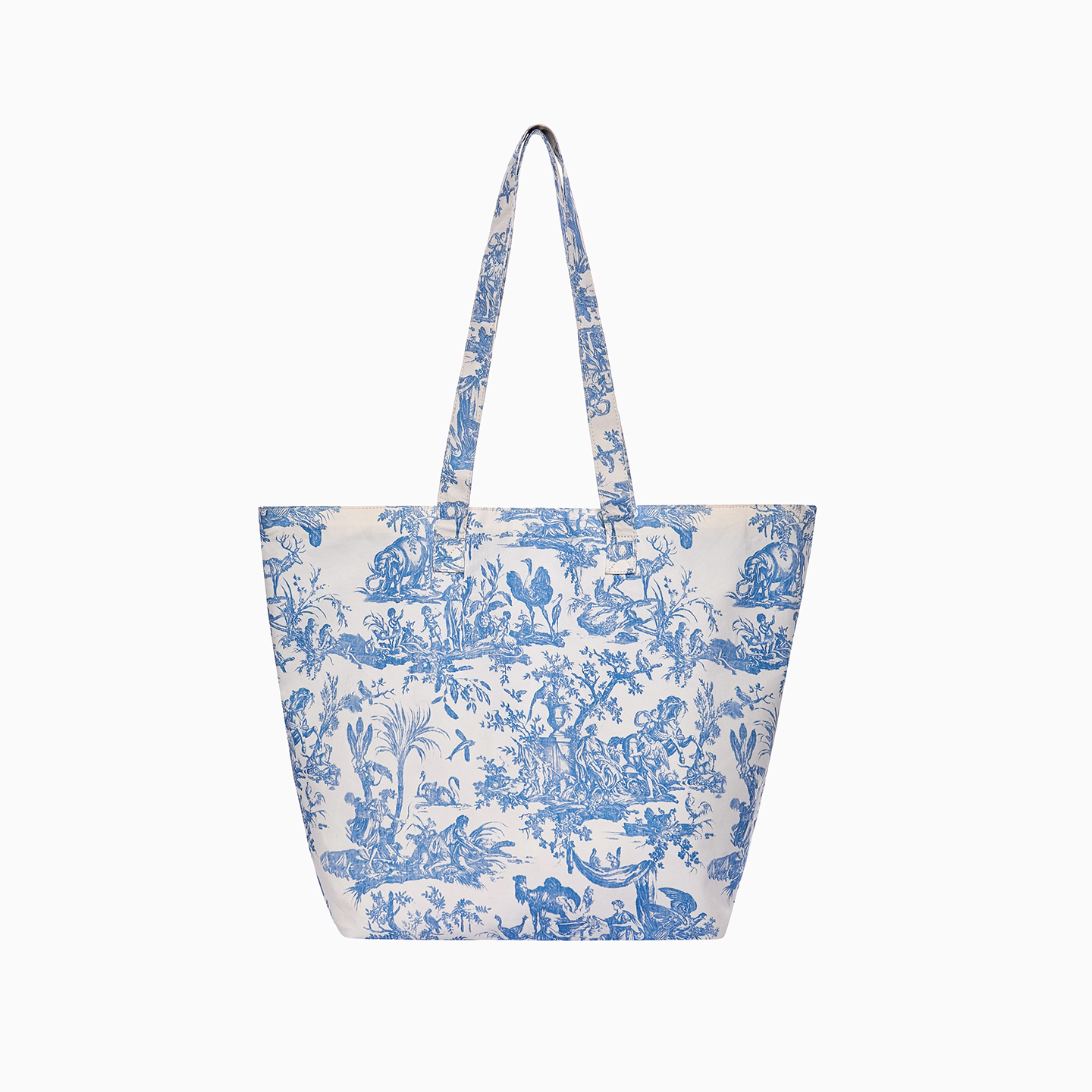 Durable 190gsm cotton tote bag in blue Toile de Jouy, combining modern utility with French heritage.