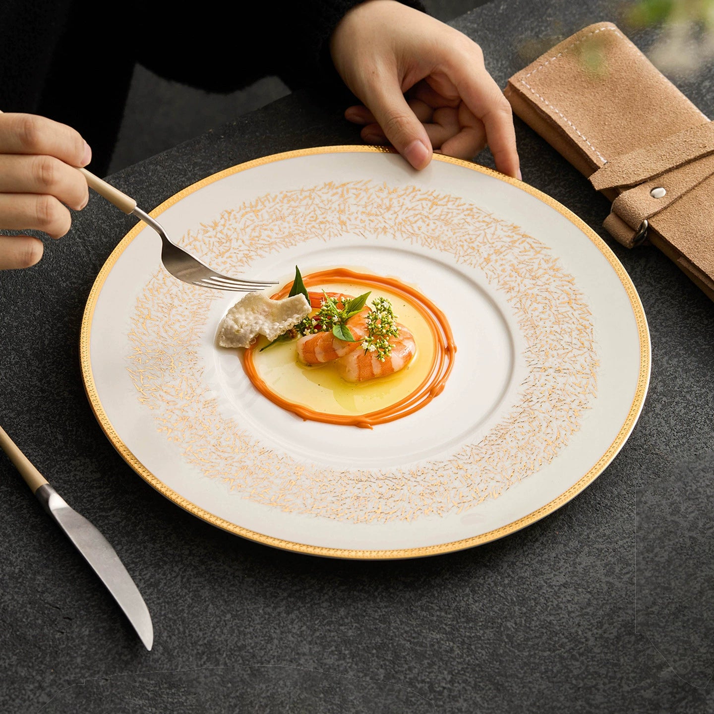 Elegant artistic wide-rim plate for gourmet presentation