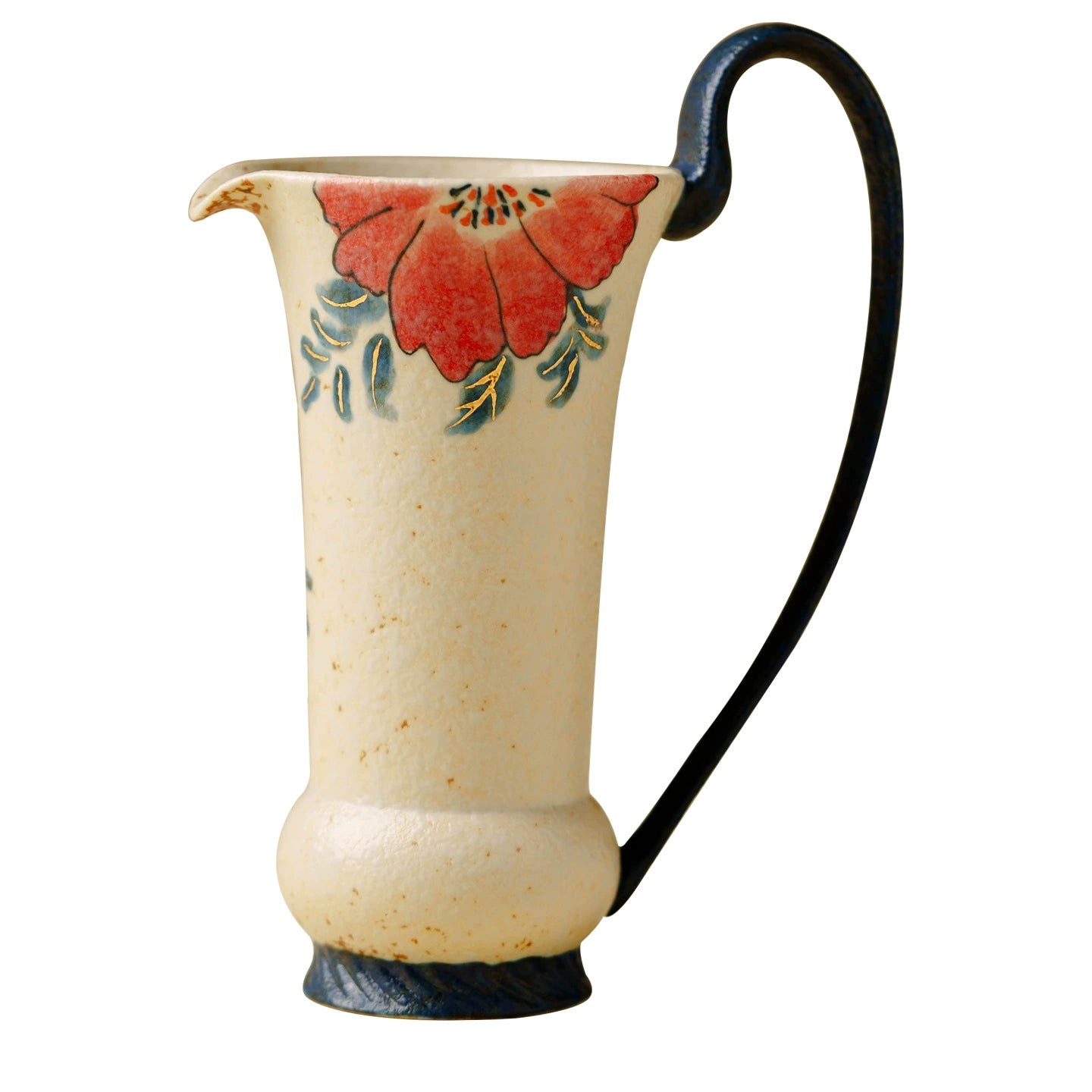 Elegant beige ceramic pitcher with dark blue handle