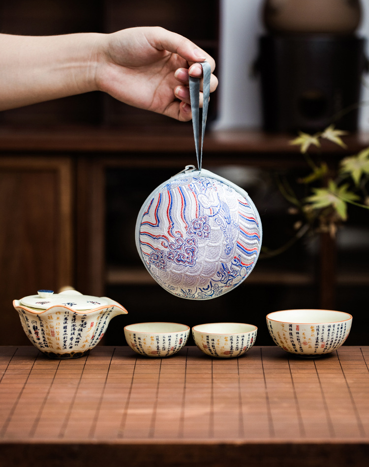 Elegant lotus-patterned porcelain travel teapot