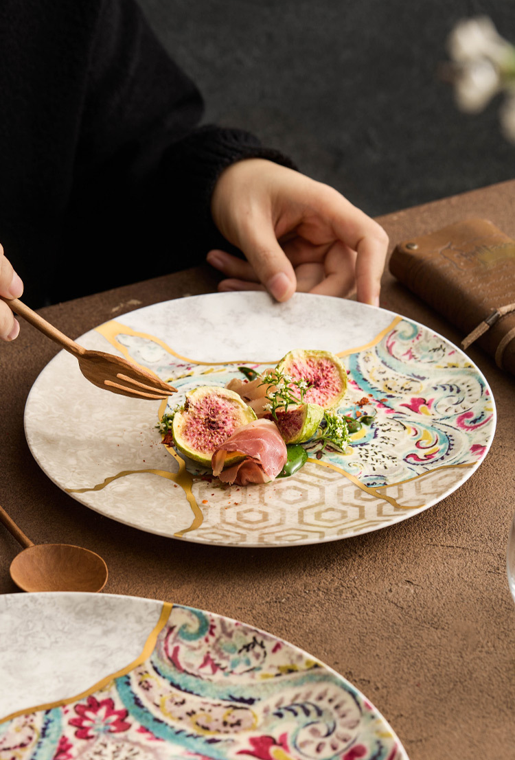 Elegant patterned shallow plate for gourmet food styling
