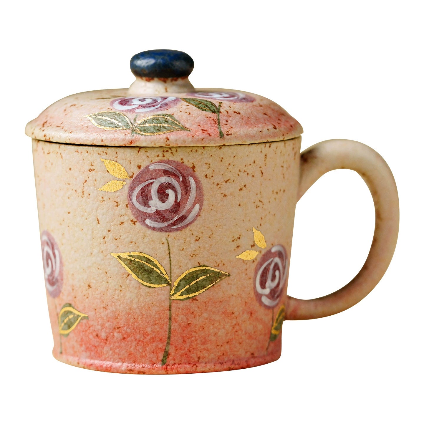 Elegant purple flower ceramic cup with lid and blue knob
