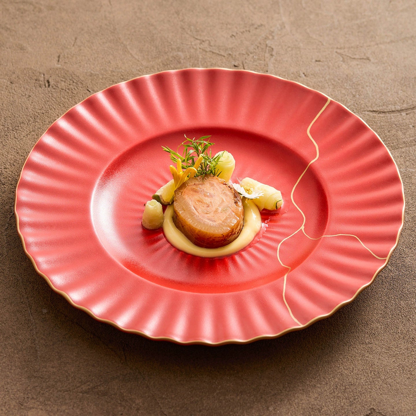 Elegant red and gold fine dining plate