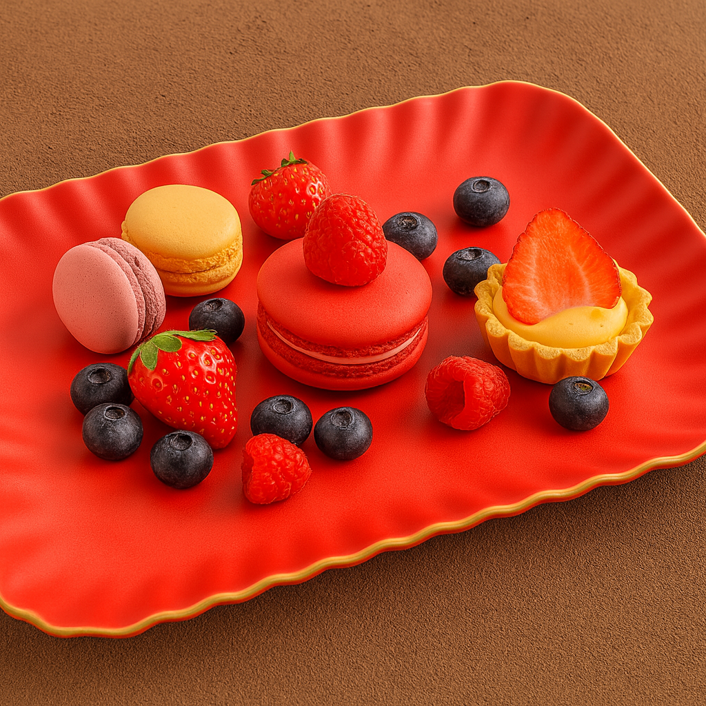 Colorful macarons and berries on a red plate with a brown background