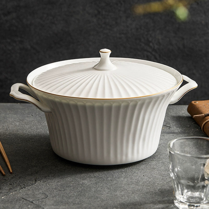 Elegant ribbed ceramic casserole with handles