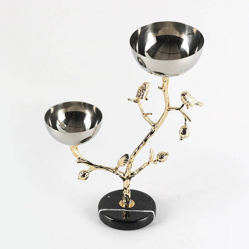 Elegant stainless steel bowls with luxury golden branch base