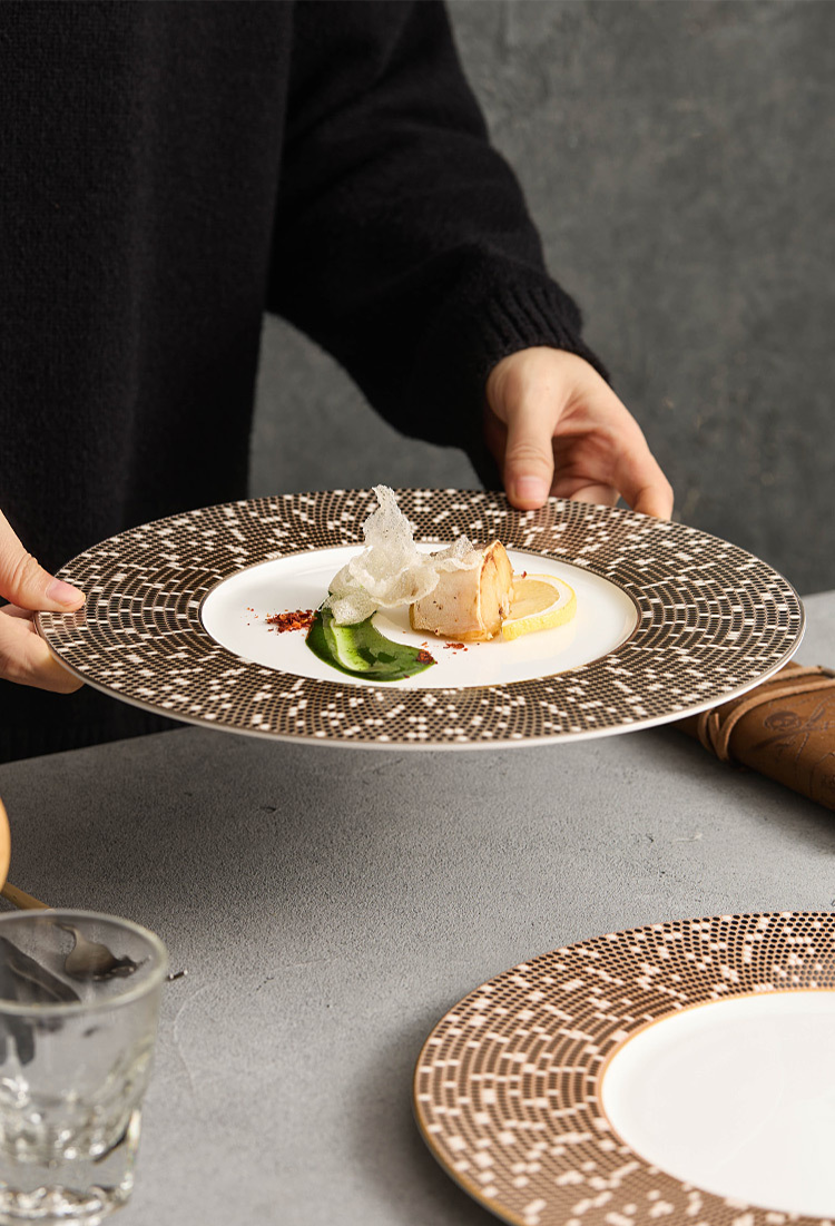Elegant two-tone brown dotted porcelain serving plate for gourmet plating